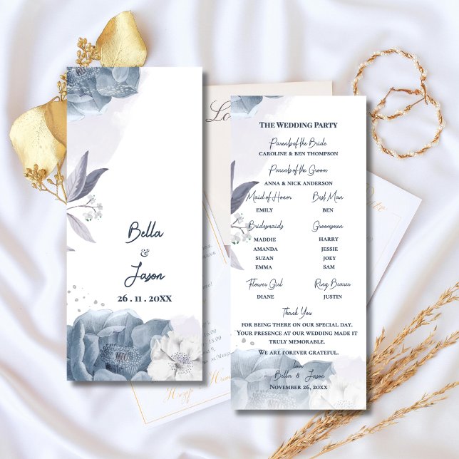 Convites Programa de Cerimônia de Casamento Floral Azul Emp (Dusty Blue Romantic Floral Wedding Program | Elegant Ceremony Program Card )