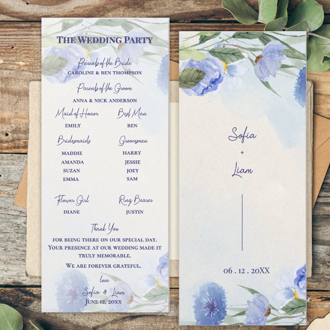 Convites Programa de Cerimônia de Casamento Floral Azul Emp (Dusty Blue Watercolor Floral Wedding Program Card | Elegant Blue Botanical Ceremony Order of Events )