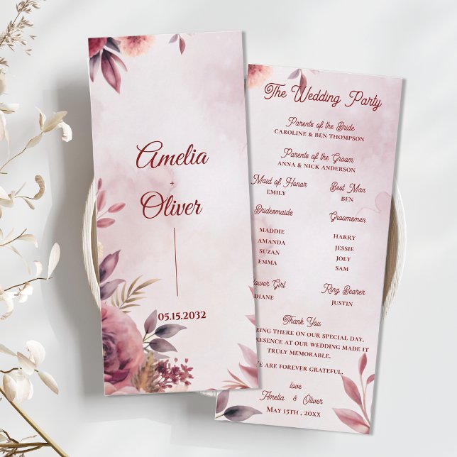 Convites Programa de Cerimônia de Casamento Floral Botânico (Blush Floral Wedding Program | Elegant Romantic Botanical Wedding Ceremony Program)
