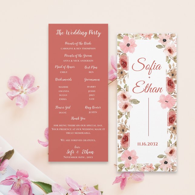 Convites Programa de Cerimônia de Casamento Floral com Rubo (Modern Blush Floral Wedding Ceremony Program)