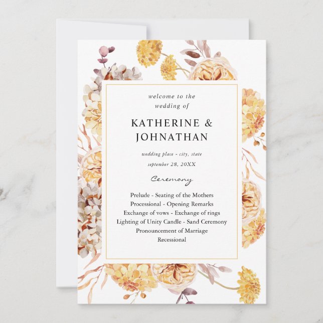 Convites Programa de Cerimônia de Casamento Floral Dourado  (Frente)