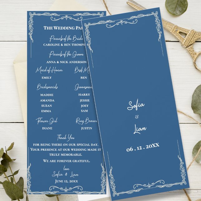 Convites Programa de Cerimônia de Casamento Gravata Preta A (Dusty Blue Wedding Program Card Elegant Black Tie Ceremony Program Classic Wedding Program)