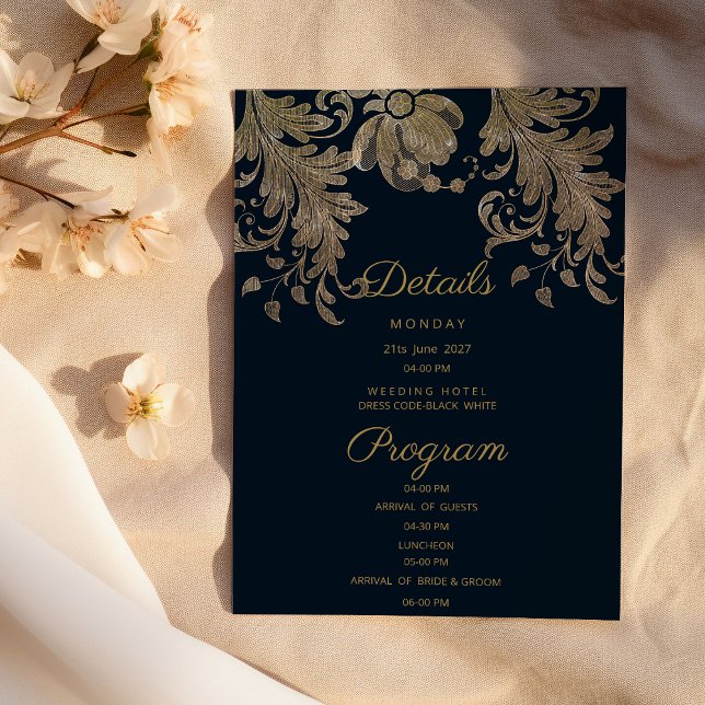 Convites Programa de detalhes de luxro com renda floral em  (Navy blue gold lace floral luxury Details Program)