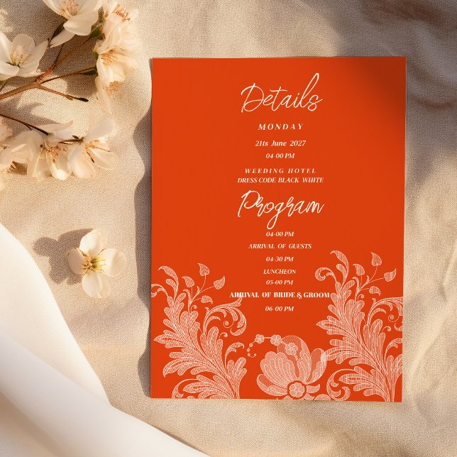 Convites Programa de detalhes de renda floral laranja canel (Cinnamon orange white floral lace Details Program )