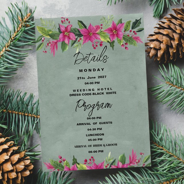 Convites Programa de Detalhes do Natal floral verde cor-de- (Green pink winter floral Christmas Details Program)