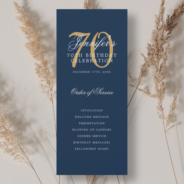 Convites Programa de festa de 70 anos elegante em azul mari (Elegant 70th Birthday Party Program Navy Gold )