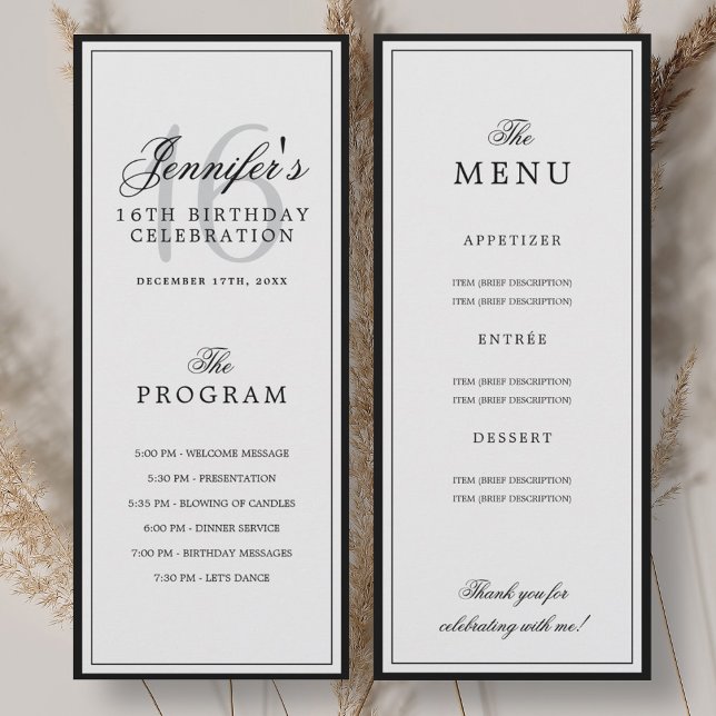Convites Programa de festa de aniversário de 16 anos + Menu (Elegant 16th Birthday Party Program + Menu )
