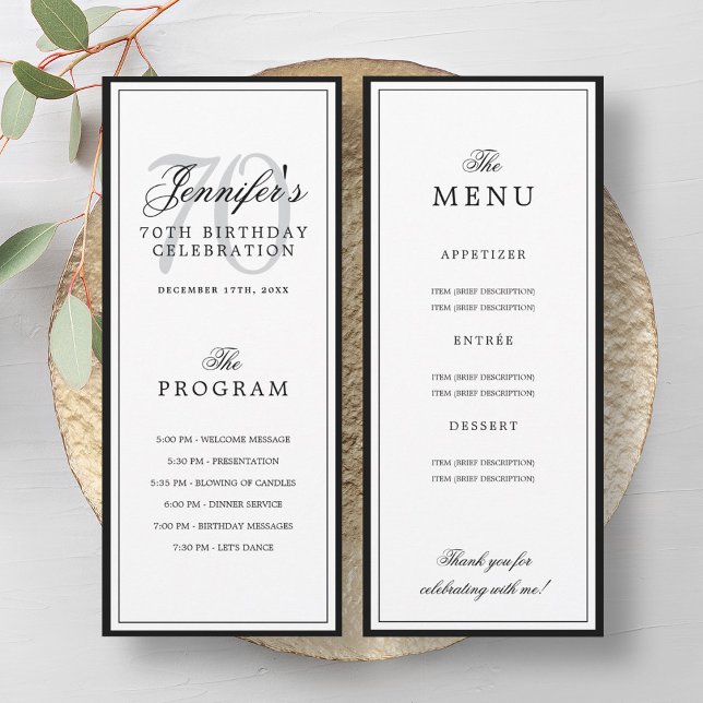 Convites Programa de festa de aniversário de 70 anos + Menu (Elegant 70th Birthday Party Program + Menu )