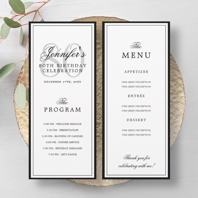 Convites Programa de festa de aniversário de 80 anos + Menu (Elegant 80th Birthday Party Program + Menu )
