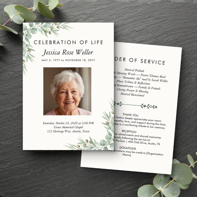 Convites Programa de Fotos de Celebração da Vida com Eucali (Order of Service card from the Eucalyptus Celebration of Life collection by Darling & May)