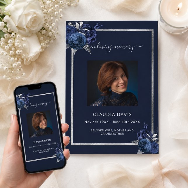 Convites Programa de funeral com flores azul marinho e foto (Criador carregado)