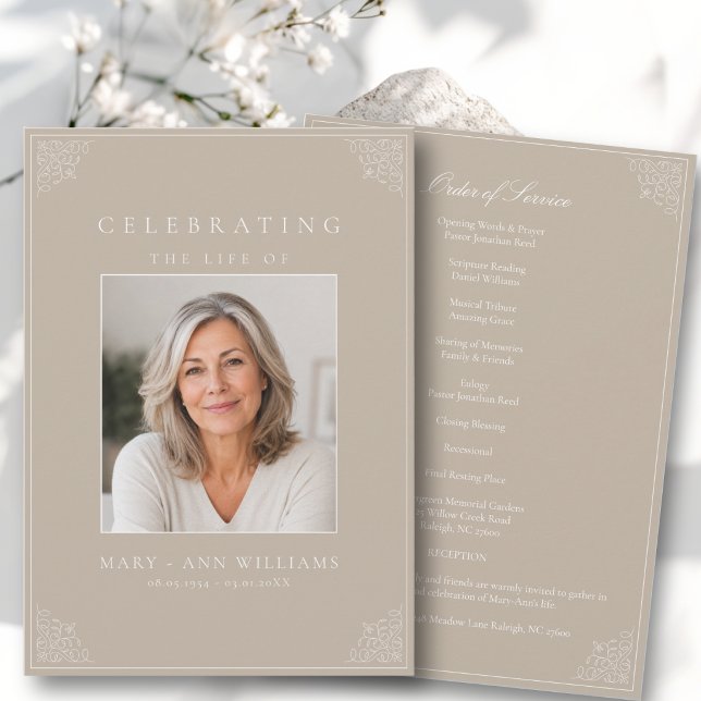Convites Programa de Funeral de Foto Celebração de Vida Ele (Elegant Celebration of Life Photo Funeral Program)