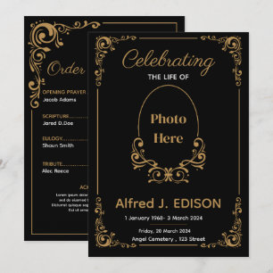 Convites Programa de Funeral Preto Dourado, Memorial de Fun