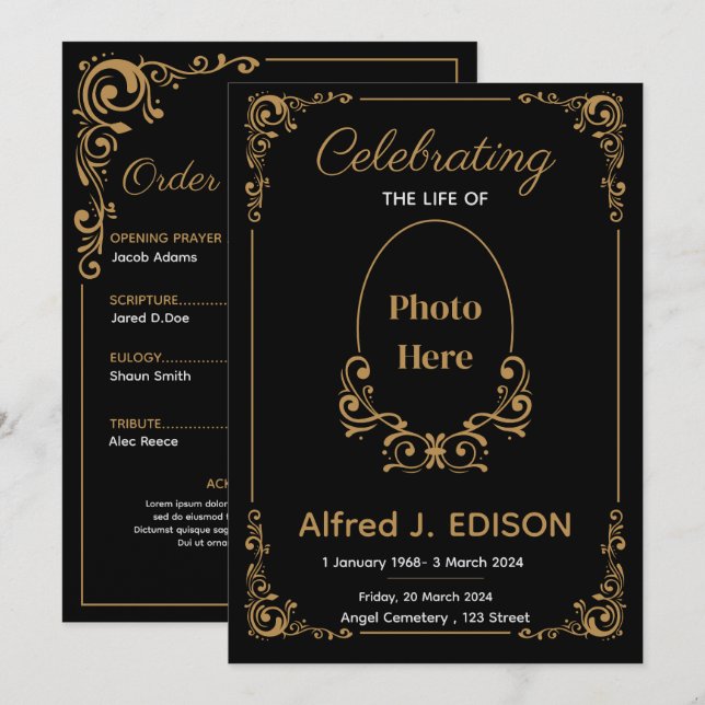 Convites Programa de Funeral Preto Dourado, Memorial de Fun (Frente/Verso)