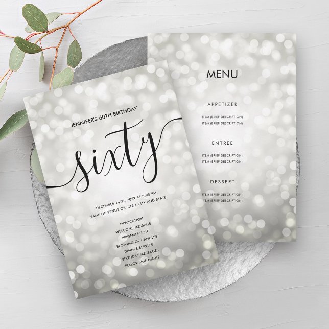 Convites Programa de Menu Aniversário do Silver Glitter Lig (Silver Glitter Light 60th Birthday Menu Program)