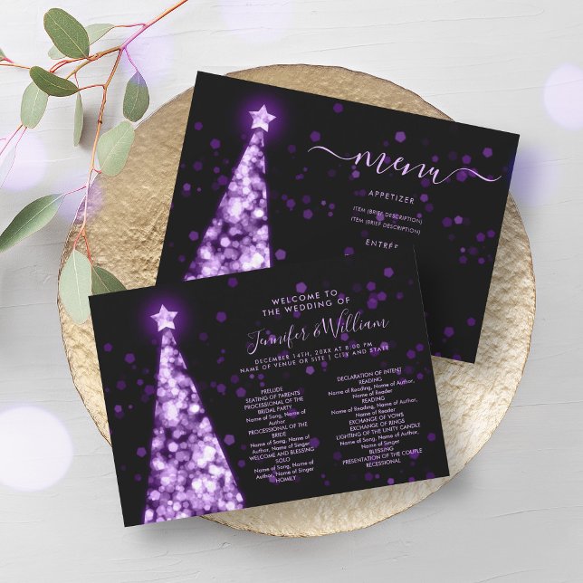 Convites Programa de Menu Casamento Roxo da Árvore do Natal (Festive Xmas Tree Purple Wedding Menu Program)