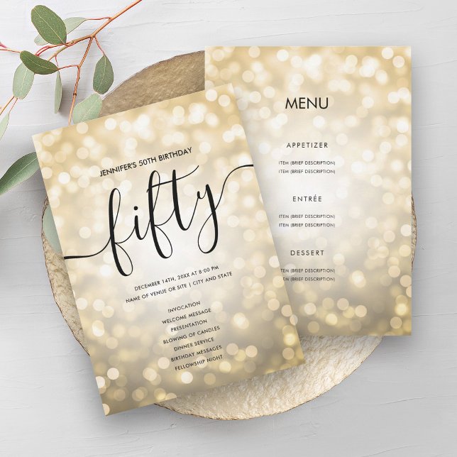 Convites Programa de menu de aniversário das luzes brilhant (Gold Glitter Lights 50th Birthday Menu Program)
