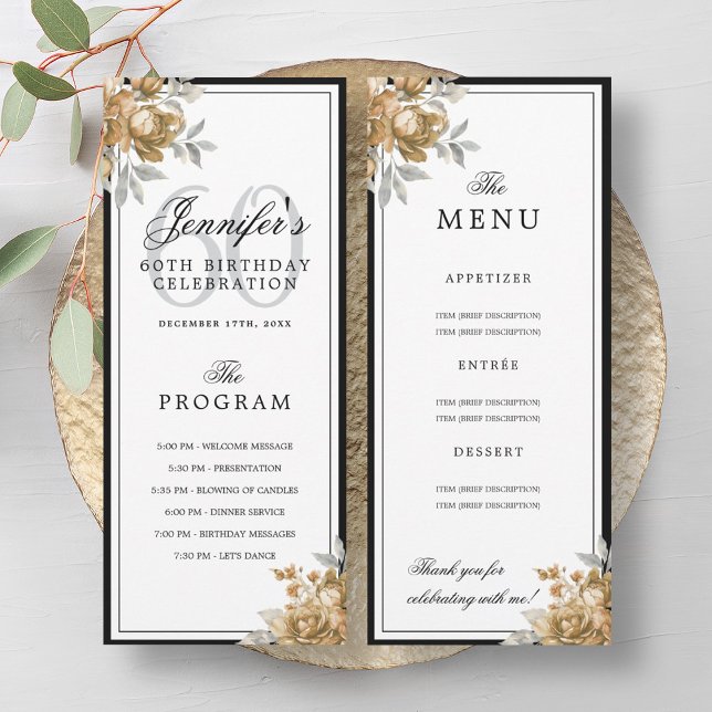 Convites Programa de Menu de Aniversário de 60 anos Floral  (Elegant Gold Floral 60th Birthday Program Menu )