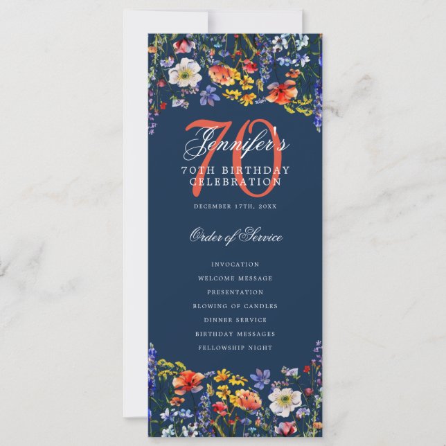 Convites Programa de Menu de Aniversário de 70 anos Floral  (Frente)