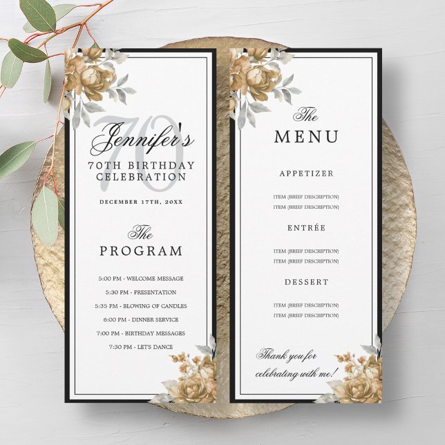Convites Programa de Menu de Aniversário de 70 anos Floral  (Elegant Gold Floral 70th Birthday Program Menu )