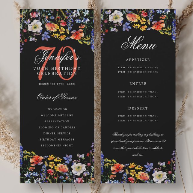 Convites Programa de Menu de Aniversário de 70 anos Floral  (Floral 70th Birthday Program Menu Thank You Black)