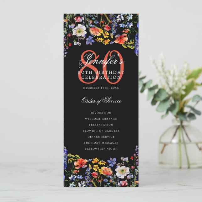 Convites Programa de Menu de Aniversário de 80 anos Floral  (Em pé/Frente)
