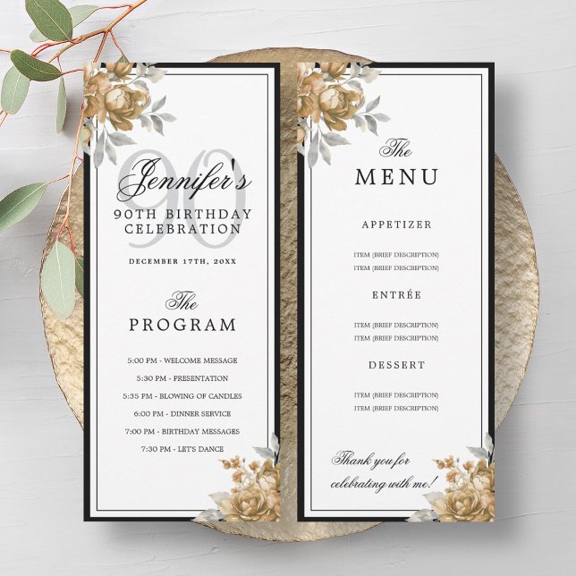 Convites Programa de Menu de Aniversário de 90 anos Floral  (Elegant Gold Floral 90th Birthday Program Menu)