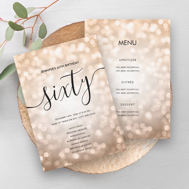 Convites Programa de menu de aniversário do Rosa Dourado Gl (Rose Gold Glitter Light 60th Birthday Menu Program)