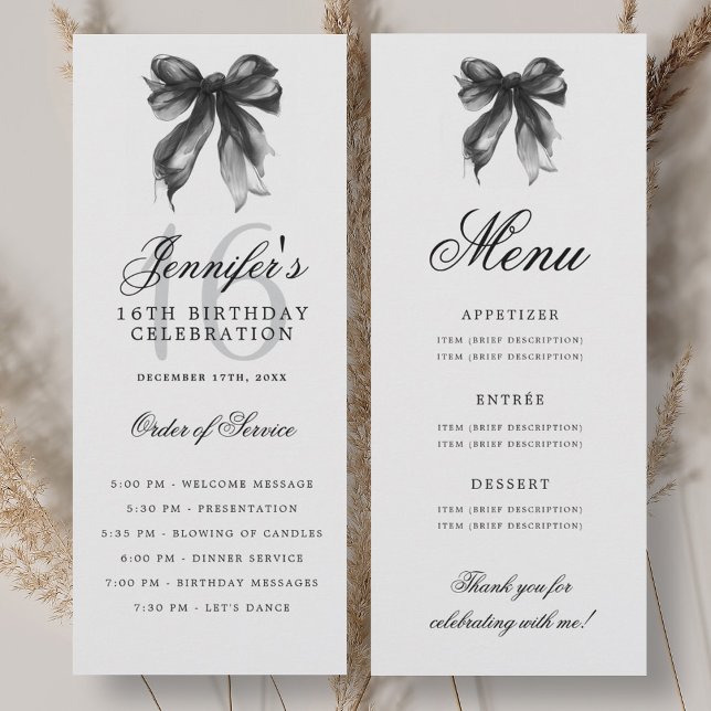 Convites Programa de Menu de Festa de Aniversário de 16 Ano (Elegant Black Bow 16th Birthday Party Program Menu)