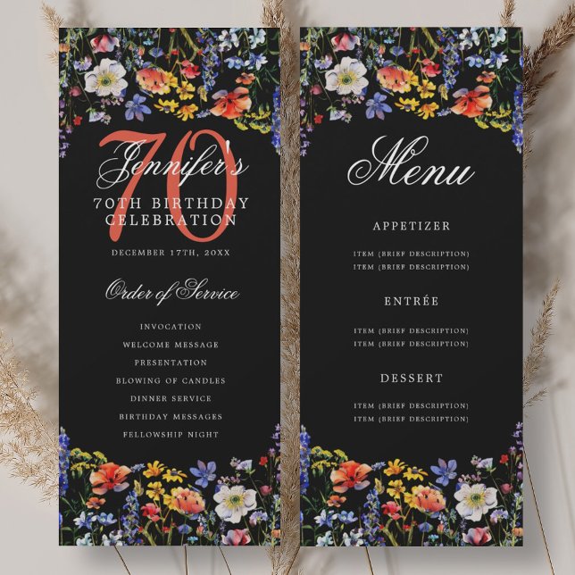 Convites Programa de Menu de Festa de Aniversário de 70 ano (Floral 70th Birthday Party Program Menu Black)