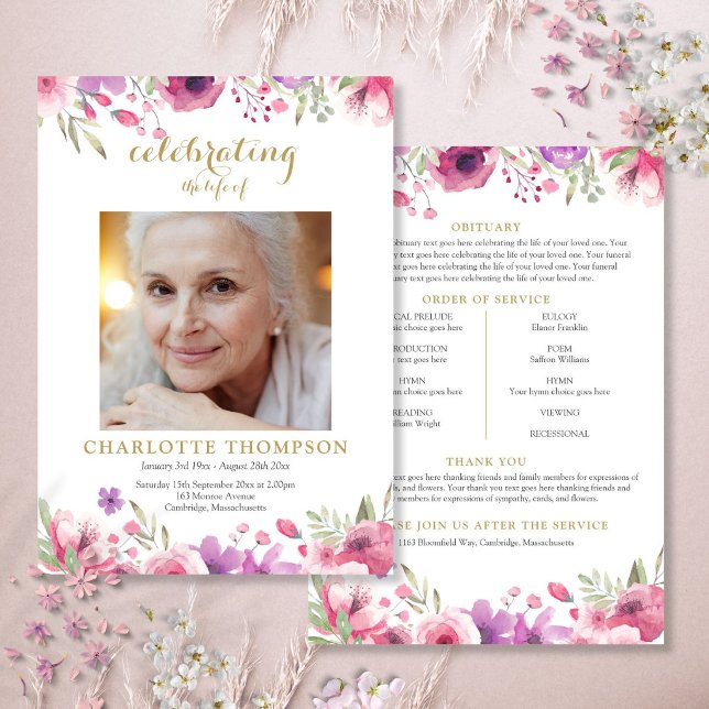 Convites Programa de Ordem de Serviço de Funeral com Foto F (Floral Photo Funeral Order Of Service Program)