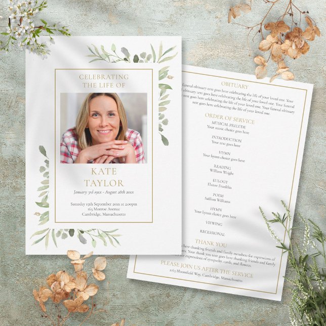 Convites Programa de Ordem de Serviço de Funeral Memorial d (Greenery Funeral Memorial Order Of Service Program)