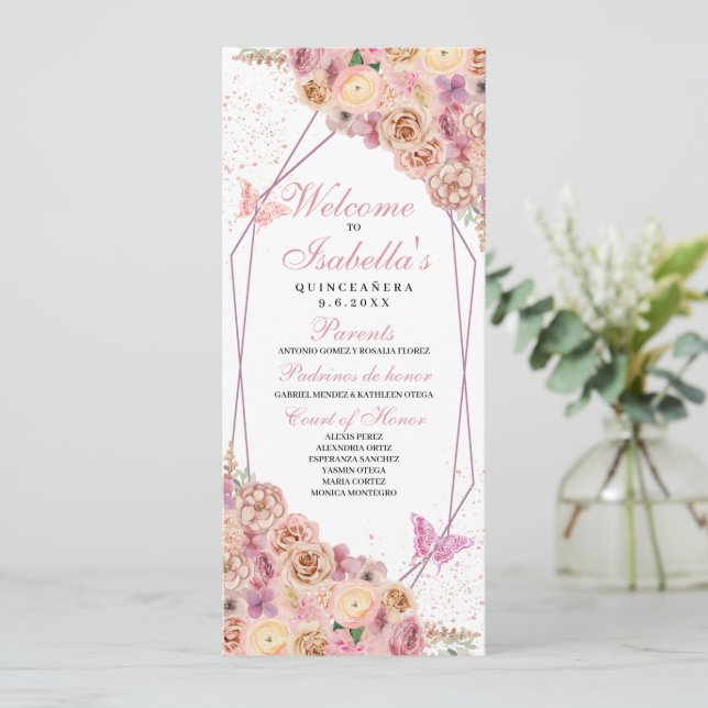Convites Programa de Quinceanera Floral Rosa-Blush (Em pé/Frente)