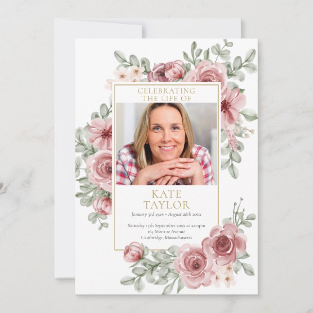 Convites Programa de Serviço Funeral Floral Rosa Empoeirado (Frente)