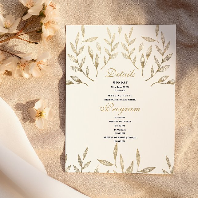 Convites Programa Detalhes da folhagem de ouro branco de lu (Simple luxury white gold foliage Details Program)