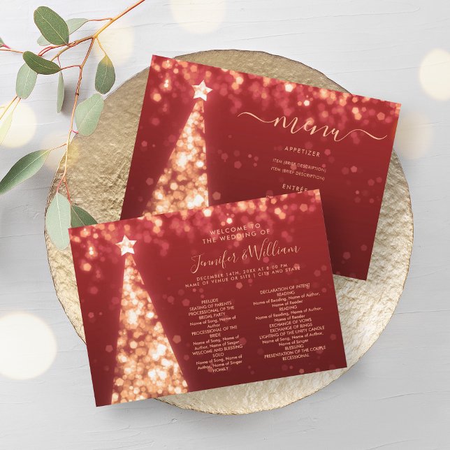 Convites Programa Dourado Red Weding Árvore Festivo do Xmas (Festive Xmas Tree Gold Red Wedding Menu Program)