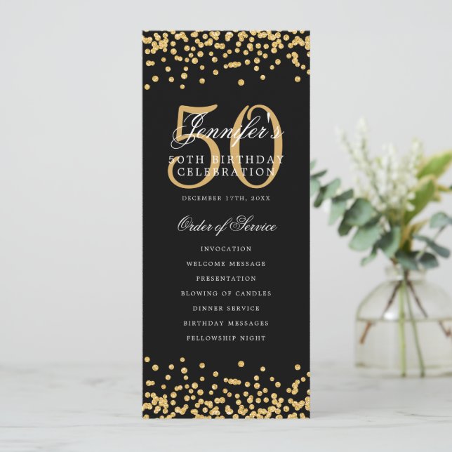 Convites Programa Elegante 50º Aniversário, Dourado Confett (Em pé/Frente)