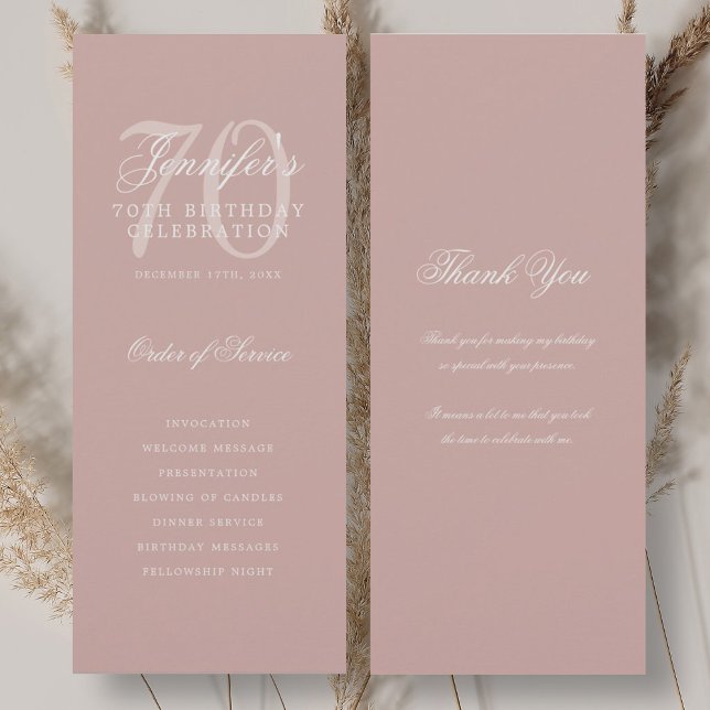 Convites Programa Elegante de 70º Aniversário Dusty Rose Ob (Elegant 70th Birthday Program Dusty Rose Thank You)
