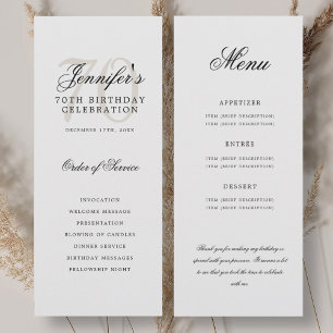 Convites Programa Elegante de 70 anos Branco Preto Menu+Agr