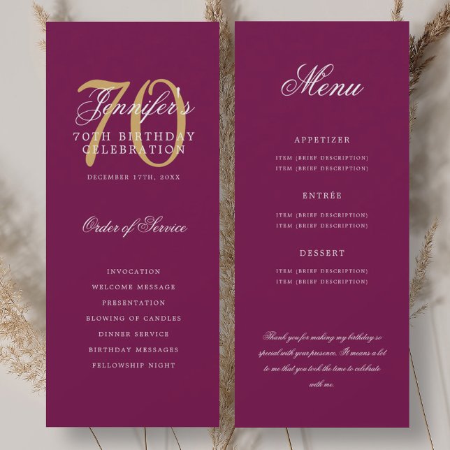 Convites Programa Elegante de 70 anos Dourado Magenta Menu+ (Elegant 70th Program Gold Magenta Menu+Thank You)
