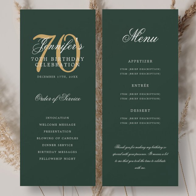 Convites Programa Elegante de 70 anos Dourado Verde Menu+Ag (Elegant 70th Program Gold Green Menu+Thank You)