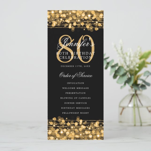 Convites Programa Elegante de 80º Aniversário Dourado c/ Ag (Em pé/Frente)