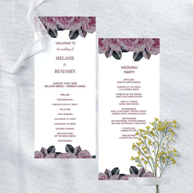 Convites Programa Elegante de Casamento Floral Romântico Ro (Elegant Rose Pink Romantic Floral Wedding Program)