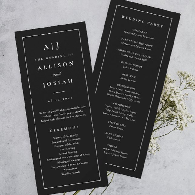 Convites Programa Elegante de Casamento Negro e Branco (Elegant and Classic Monogram Black and White Wedding Program.)