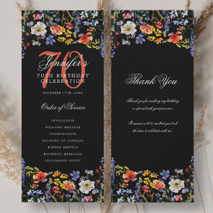 Convites Programa Floral 70 Birthday Obrigado Black