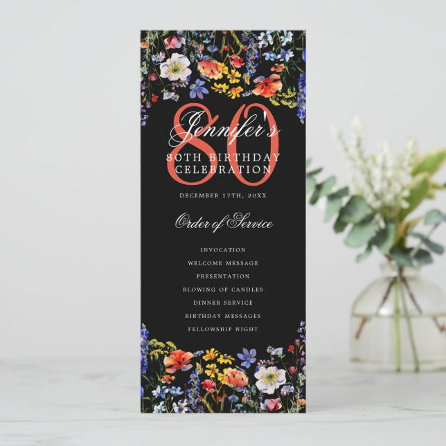 Convites Programa Floral 80 Birthday Obrigado Black (Em pé/Frente)