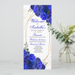 Convites Programa Floral de Quinceanera Real Azul e Dourado