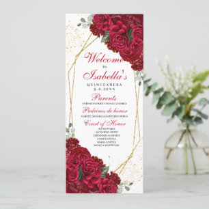 Convites Programa Floral de Quinceanera Vermelha e Dourada