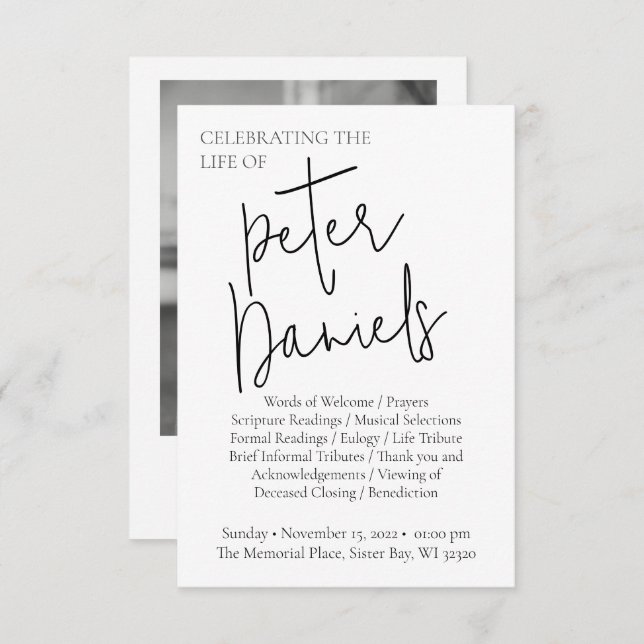 Convites Programa Funeral de Fotografia de Script Branco e  (Frente/Verso)