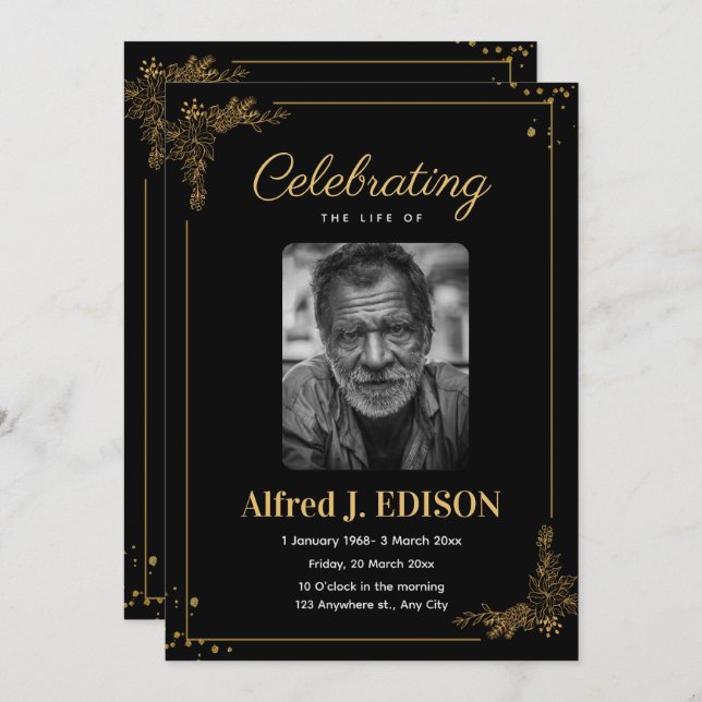 Convites Programa Funeral Negro ouro, Memorial Funeral (Frente/Verso)